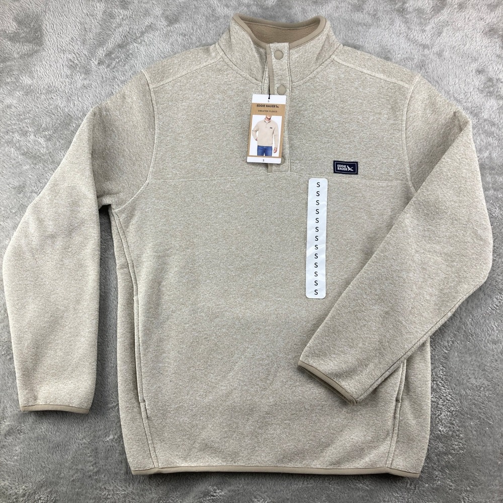 Eddie Bauer Mens Sweater Fleece Pullover Cream Snap Neck EB008606 Small NWT